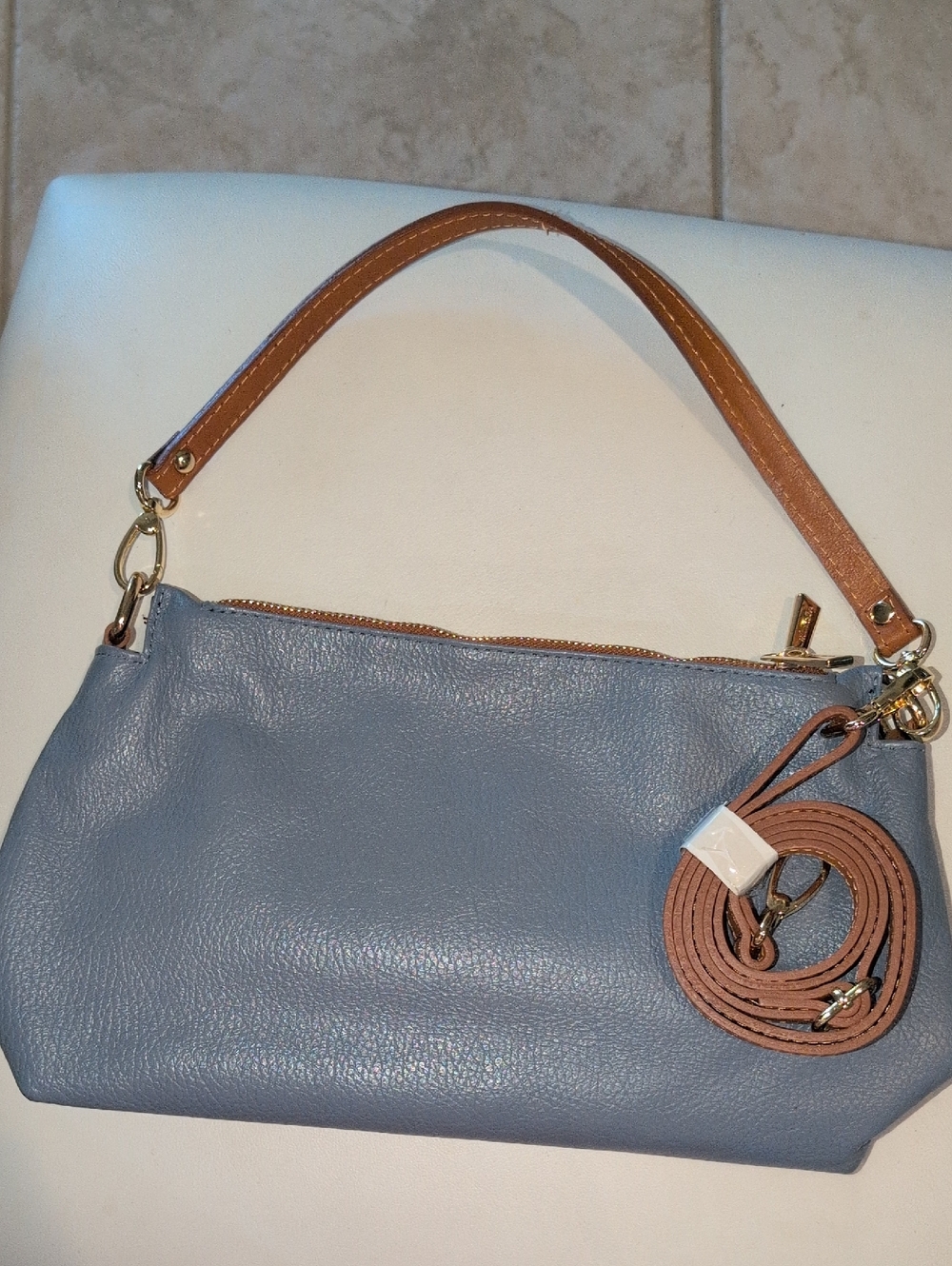 Valentina Blue Leather Shoulder Bag with Tan Strap Crossbody Strap